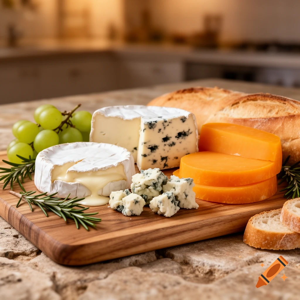 A photorealistic close-up of a cheese board featuring brie, blue cheese, cheddar slices, green grapes, fresh rosemary, and sliced baguette.
