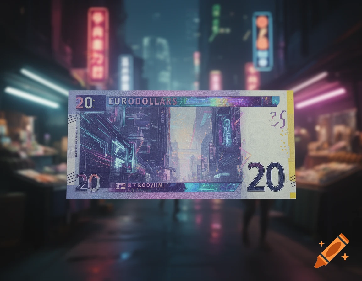 A futuristic 20 Eurodollar banknote, designed with a cyberpunk city scene, floats against a blurry neon-lit urban background.
