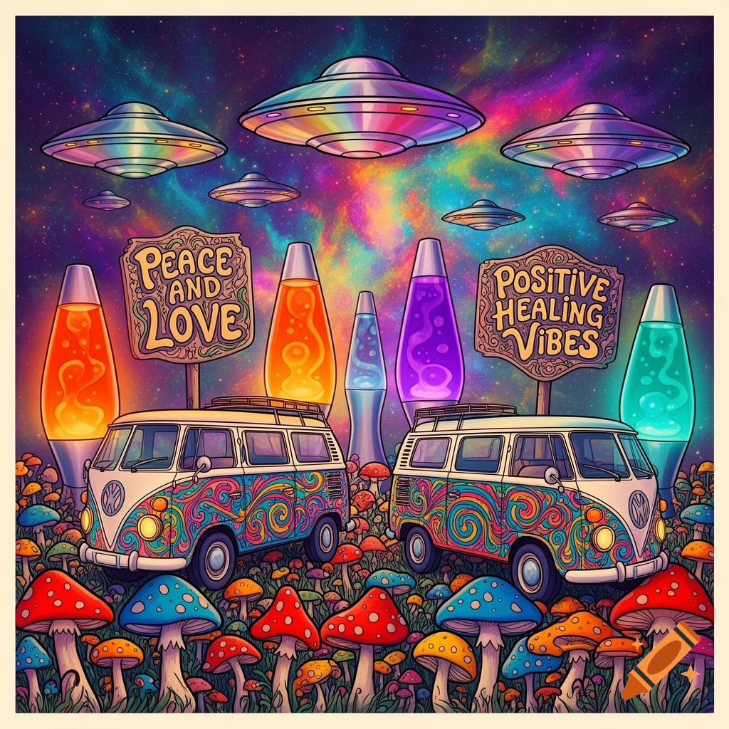 Vibrant psychedelic poster with UFOs, lava lamps, hippie vans, and mushrooms, with 'Peace and Love' and 'Positive Healing Vibes' signs.