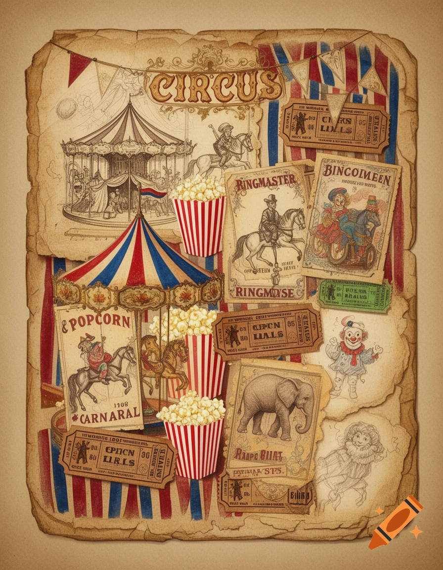 Vintage circus-themed scrapbook page with layered sketches of a tent, carousel, ringmaster, elephant, clown, popcorn, and tickets on aged paper.