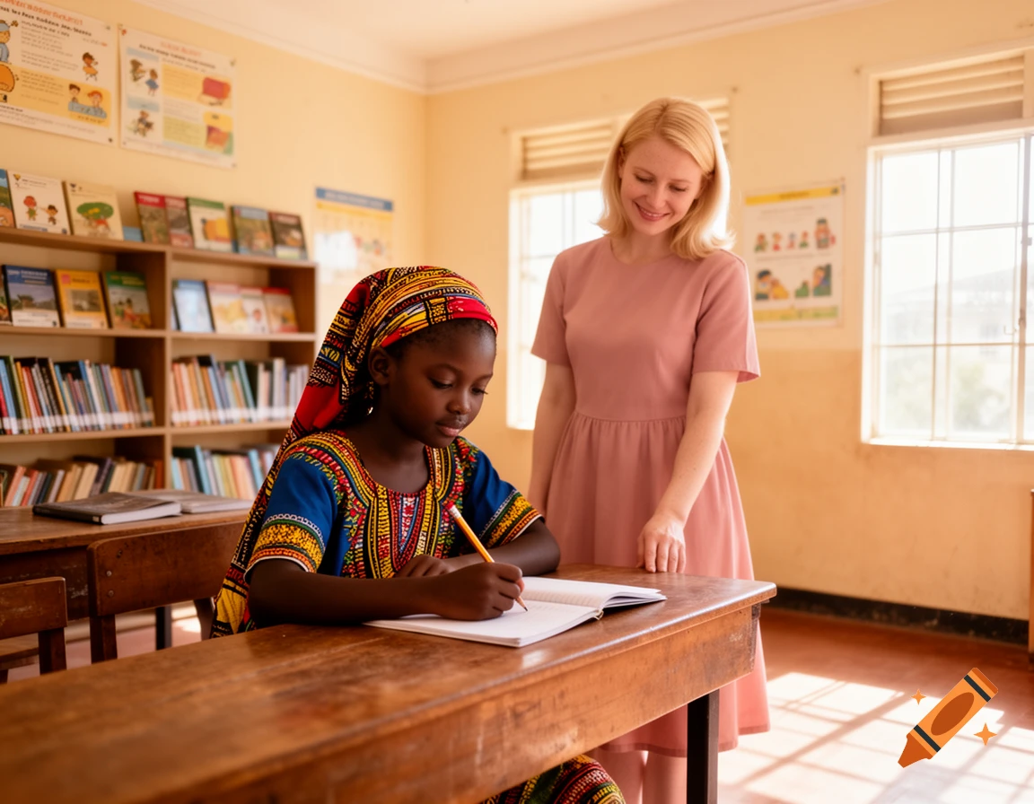 A young African girl in traditional headwear writes at a wooden desk in a sunlit classroom, observed by a smiling blonde teacher in a pink dress.