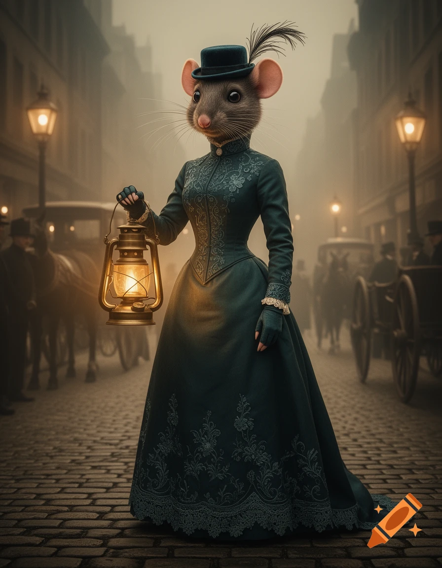 Anthropomorphic rat in a dark teal Victorian dress and hat, holding a glowing lantern on a foggy cobblestone street at night.