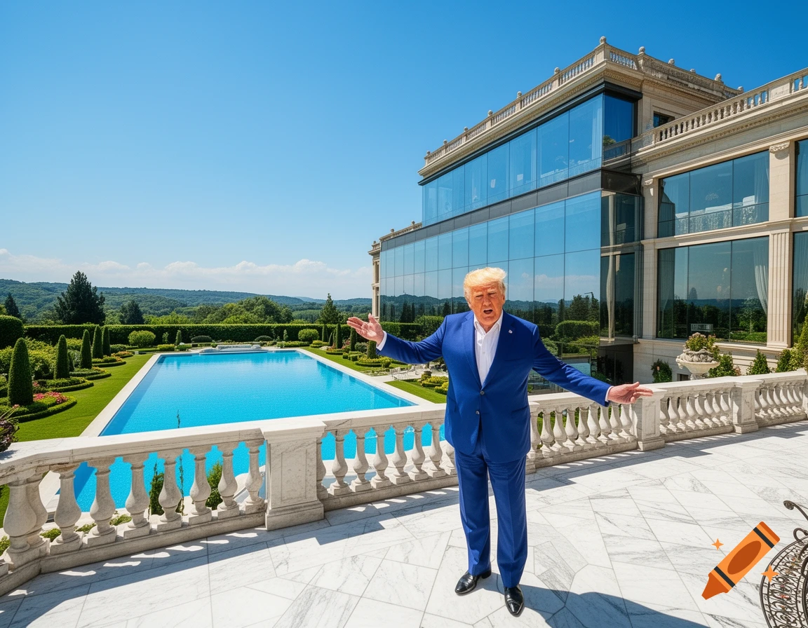 Photorealistic image of Donald Trump in a blue suit, arms outstretched, on a marble patio overlooking a large swimming pool and a luxurious glass mansion.