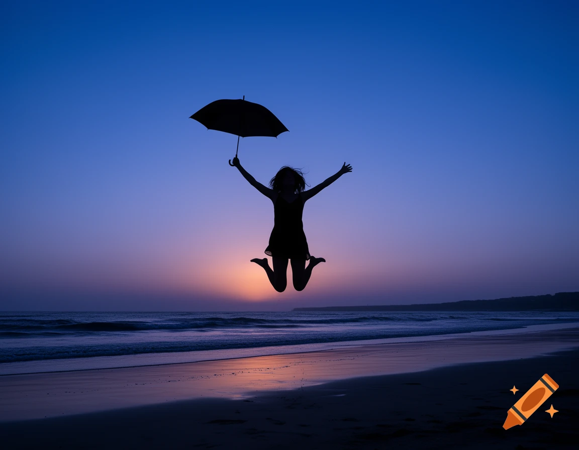 Silhouette of a woman jumping with an umbrella on a beach at sunset with a deep blue and purple sky.