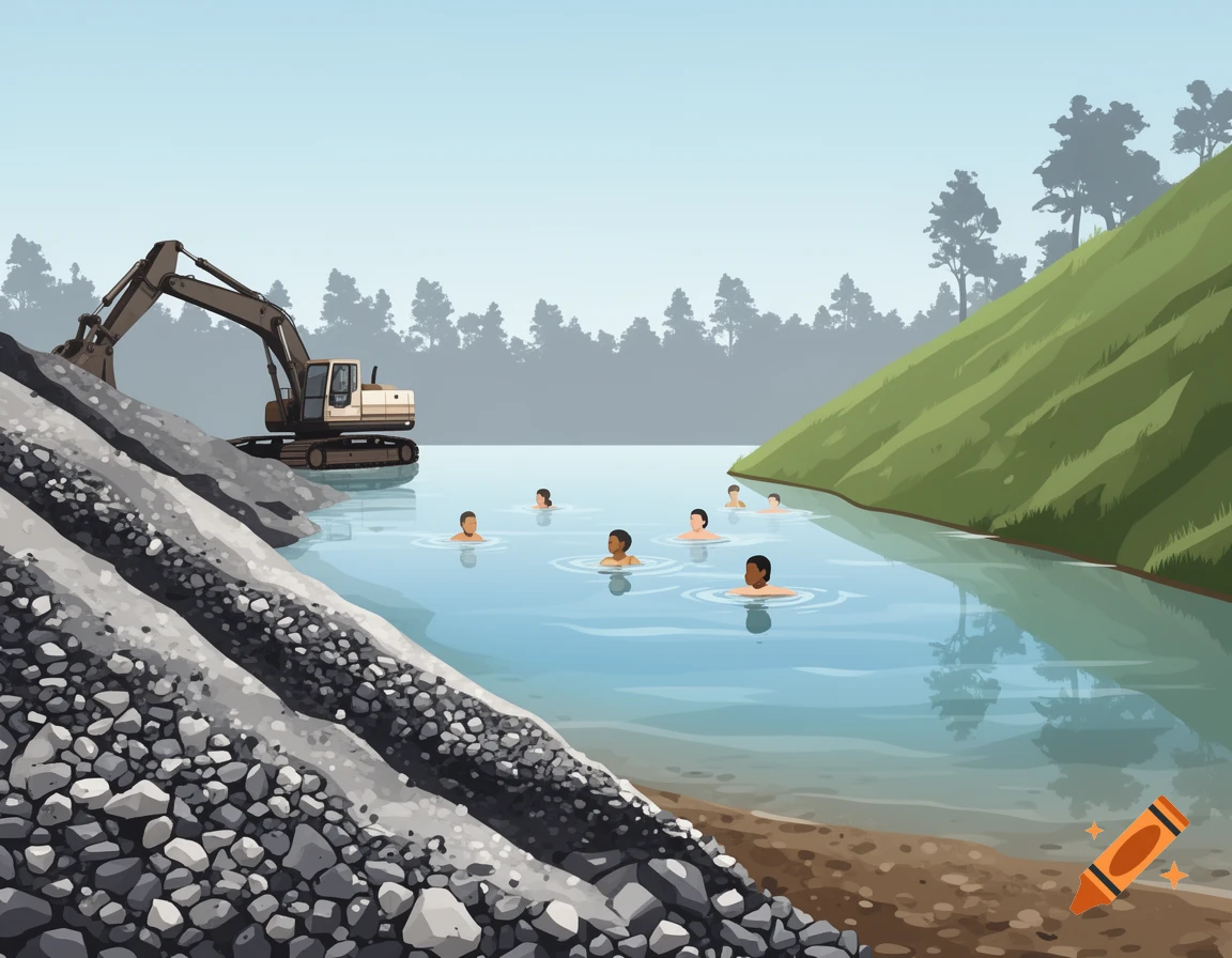 An illustration depicts people swimming in a lake. An excavator rests on the rocky left bank, opposite a grassy hill with distant trees.