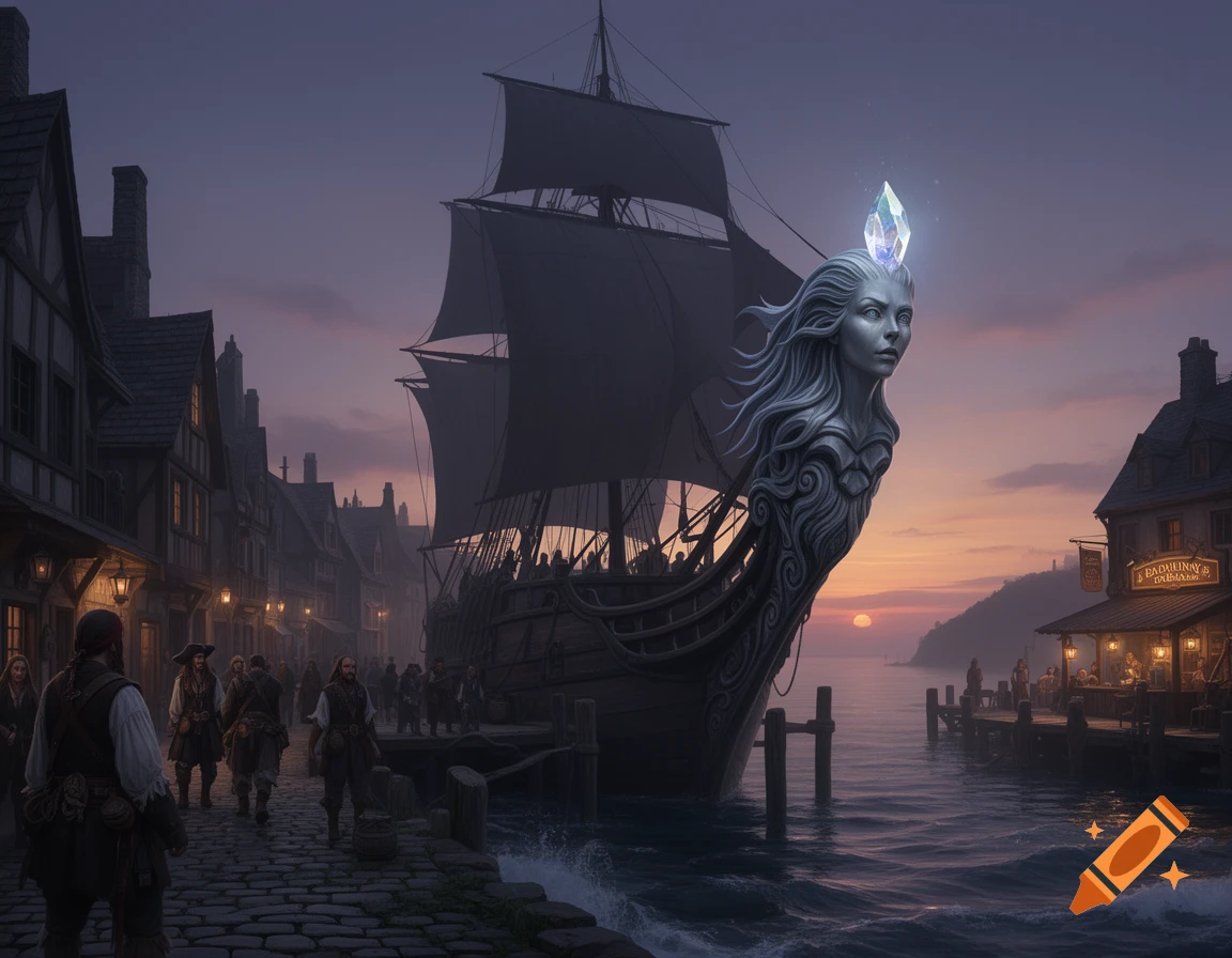 A pirate ship with a glowing crystal on a banshee figurehead docked in a busy port town at dusk, with sailors on cobblestone streets.
