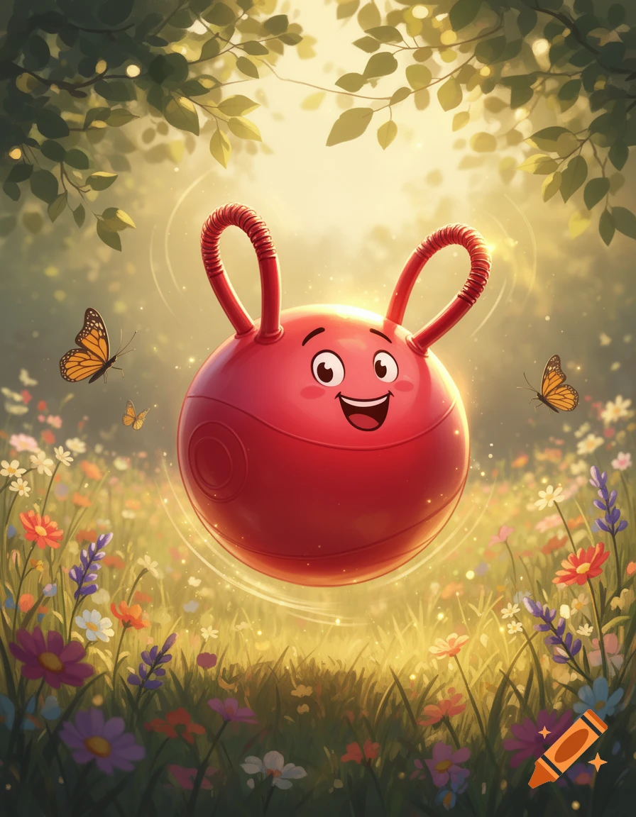 A cheerful red hopper ball with a happy face floats above a field of colorful wildflowers, surrounded by butterflies and sun-dappled trees in a cartoon style.