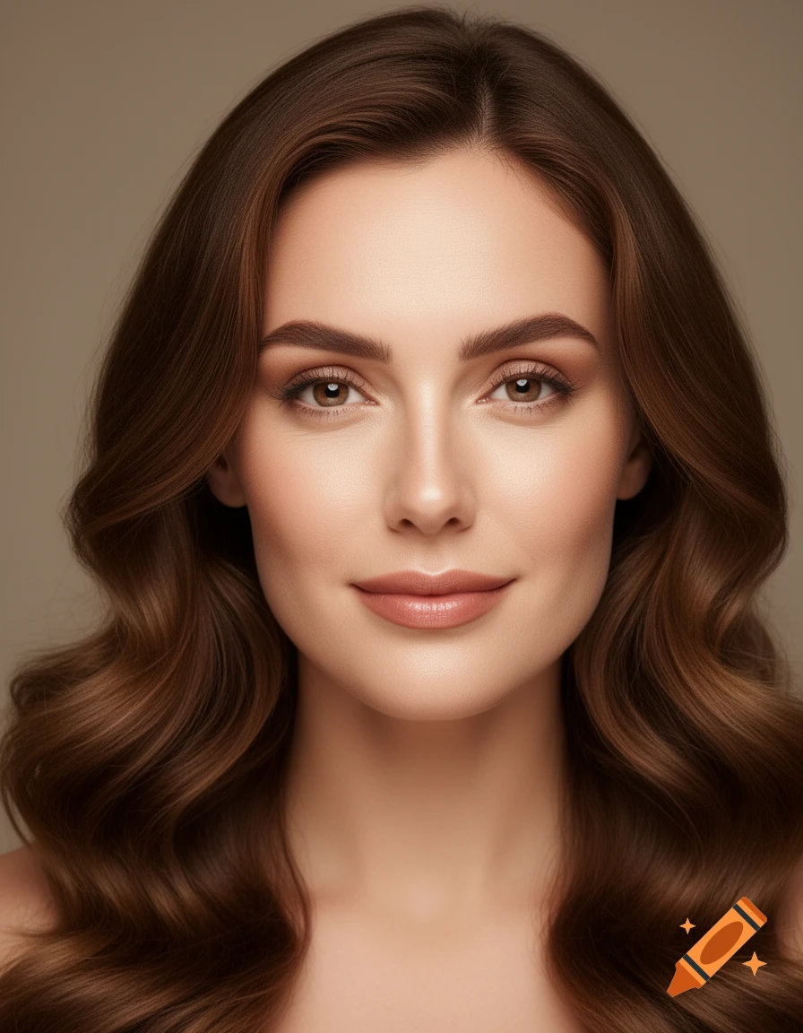 A photorealistic professional portrait of a beautiful woman with long wavy brown hair and natural makeup, looking directly at the camera.