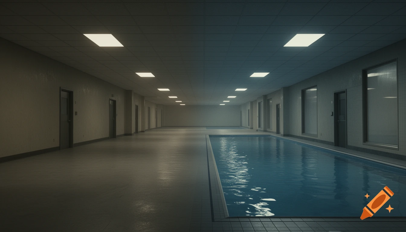 A long, dimly lit indoor hallway with a narrow swimming pool stretching along one side under fluorescent lights.