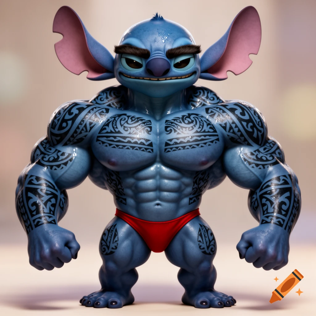 A heavily muscled, blue cartoon alien character resembling Stitch, covered in black Polynesian tattoos, wearing a red posing thong, with a furrowed brow and an arrogant smile.