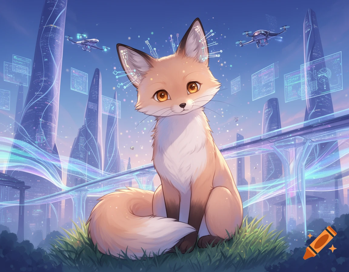 A cute anime fox sits on grass in a futuristic city with glowing buildings and drones.