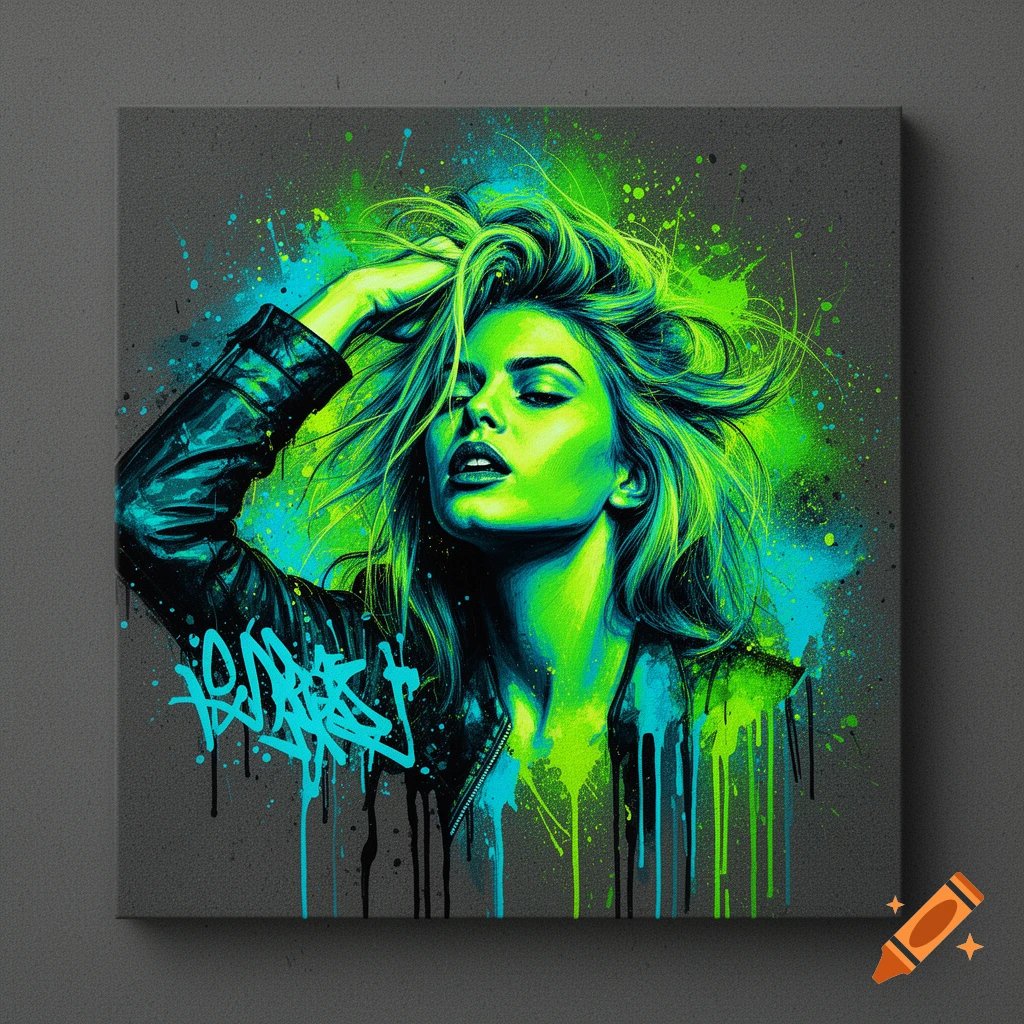 Vibrant pop art portrait of a woman with neon green hair and skin, wearing a leather jacket, with blue and green paint splatters and graffiti.
