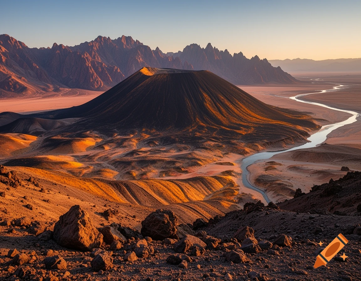 A wide shot of a desert landscape at sunset with a dark volcanic cone, rugged mountains, and a winding river.