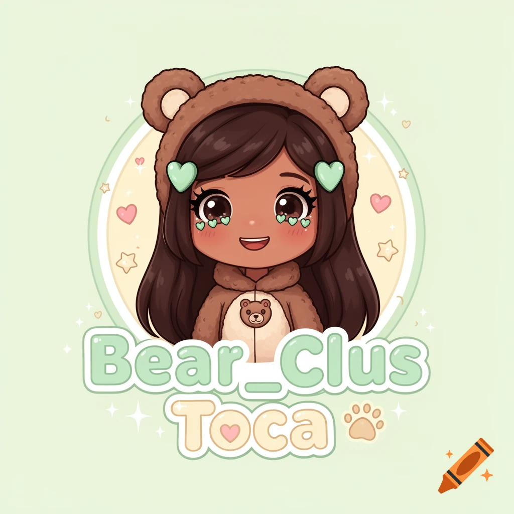 A kawaii chibi girl in a brown bear onesie with dark hair, large eyes, and green heart makeup. The cartoon avatar features 'Bear_Clus Toca' text.