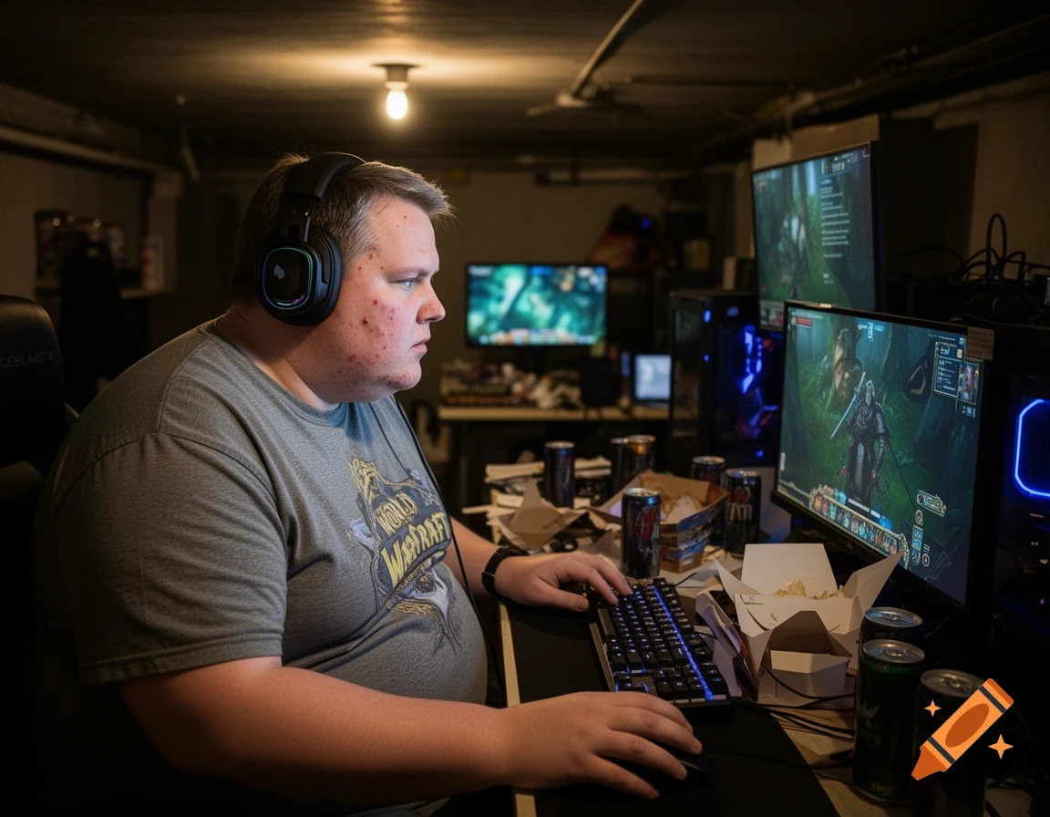 A man wearing headphones plays World of Warcraft on a multi-monitor PC setup in a dimly lit basement, surrounded by empty food containers and soda cans.