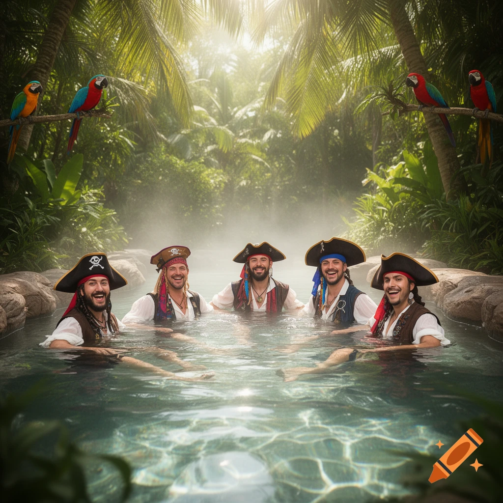 Five smiling pirates in tricorn hats relax in a tropical hot spring, with colorful parrots perched on branches above them.