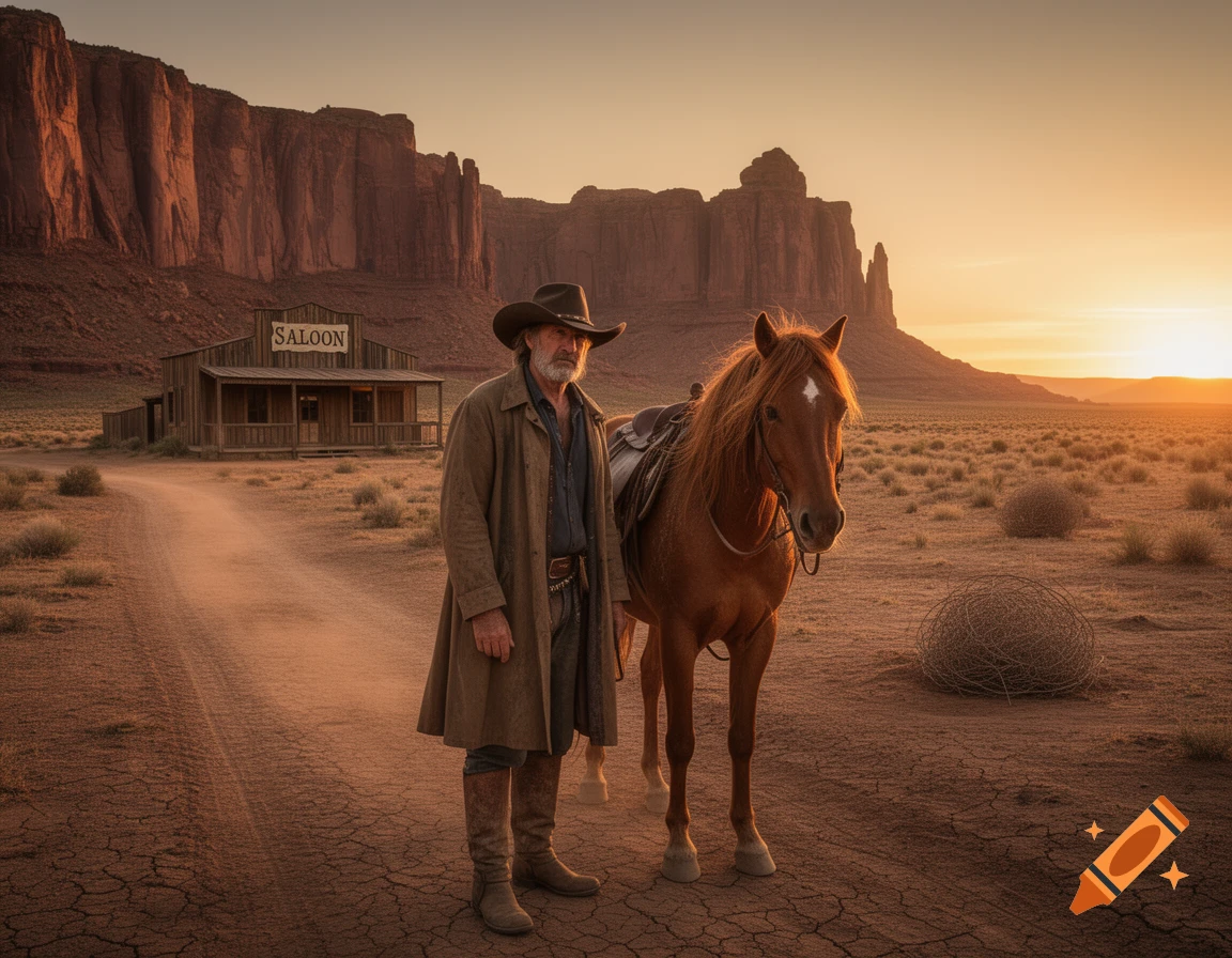 A cowboy stands with his horse in front of a wooden saloon in a desert landscape at sunset, with towering rock formations.