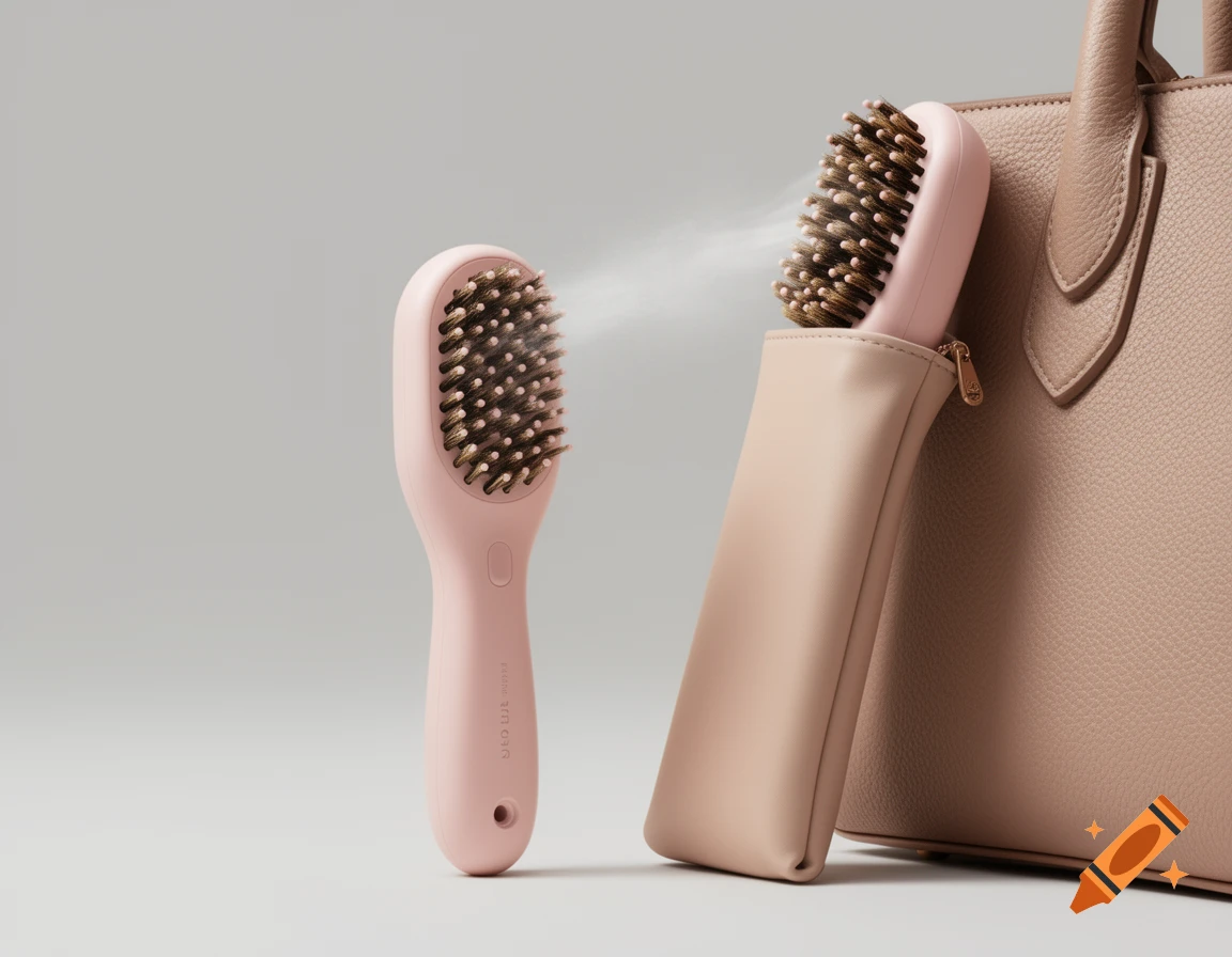 Pink mini misting hairbrush next to a matching pouch and beige leather handbag, product photography.