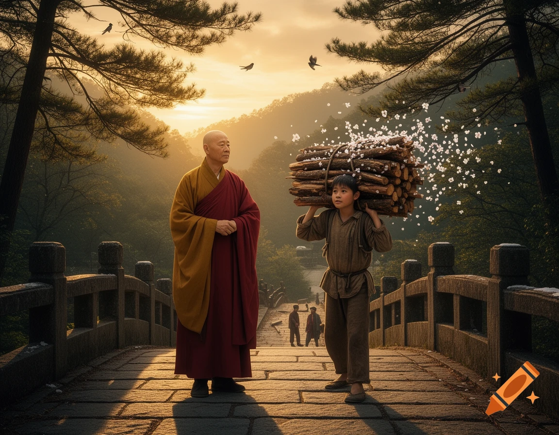 A monk and a boy carrying firewood with white specks on a stone bridge at sunset in a lush mountain landscape.