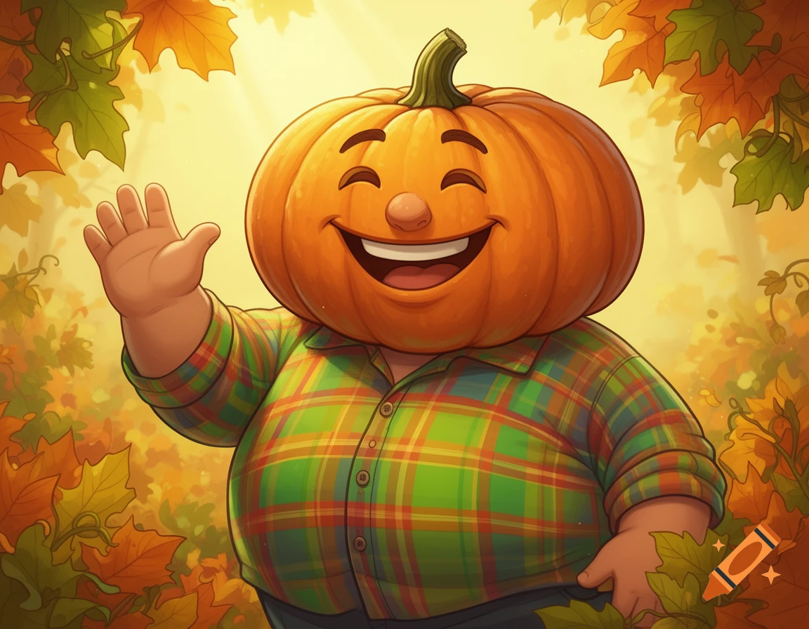 A smiling, waving, morbidly obese cartoon man with a pumpkin head wearing a plaid shirt, surrounded by autumn leaves.