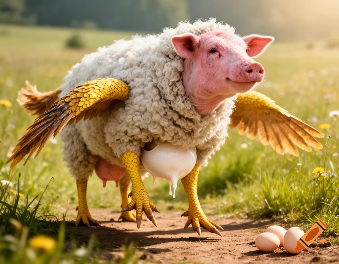 A whimsical chimera creature with a pig head, sheep body, chicken wings and feet, and a cow's udder, stands in a grassy field with eggs.
