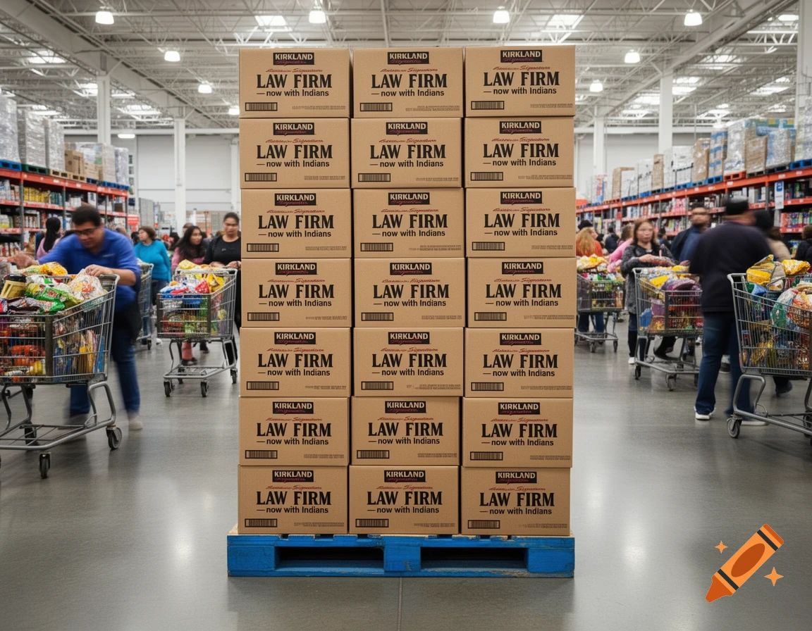 A pallet of boxes labeled "Kirkland Signature Law Firm - now with Indians" in a busy Costco store with shoppers and carts.