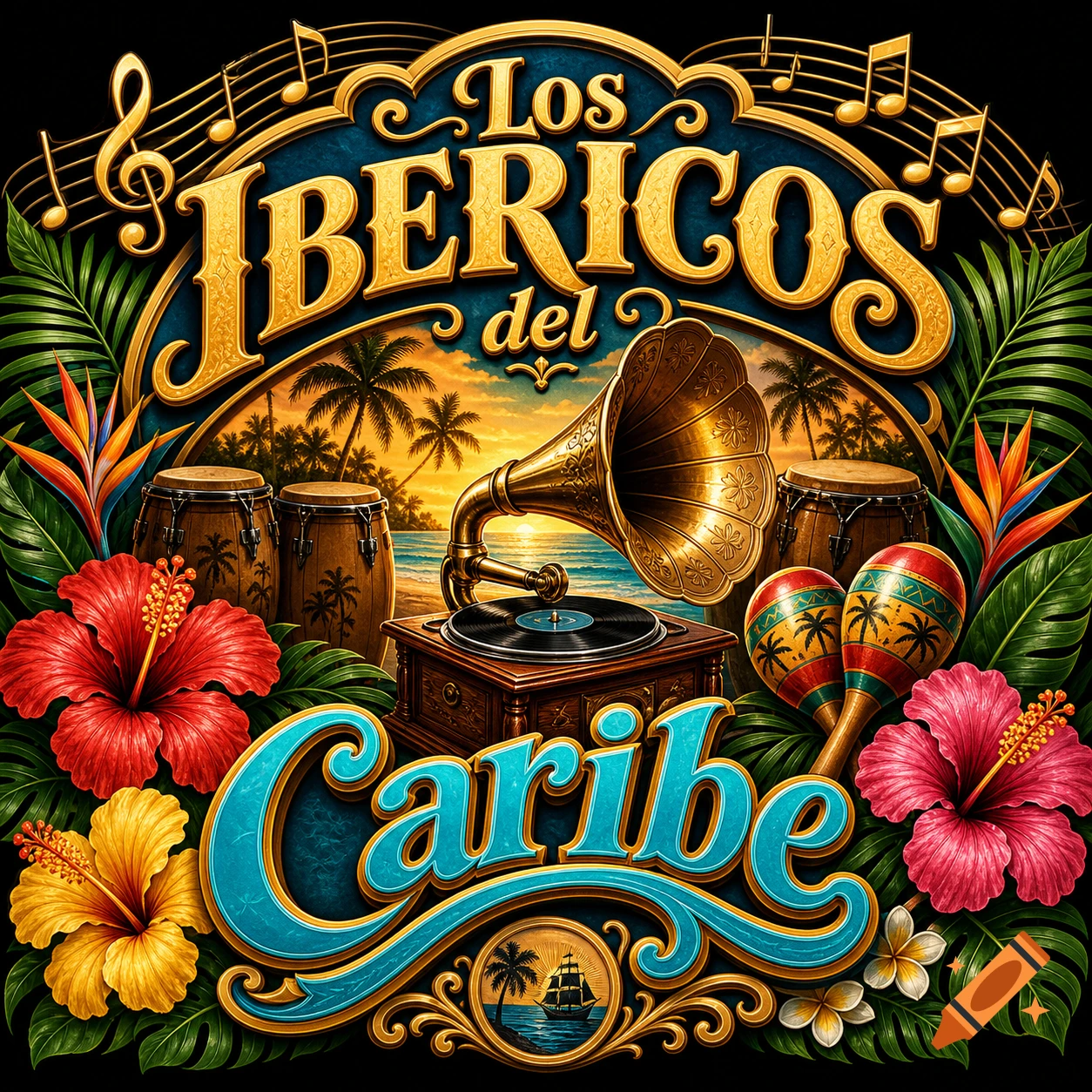 Vibrant tropical logo featuring a vintage gramophone, conga drums, maracas, hibiscus flowers, and palm leaves on a sunset beach. Text: Los IBERICOS del Caribe.