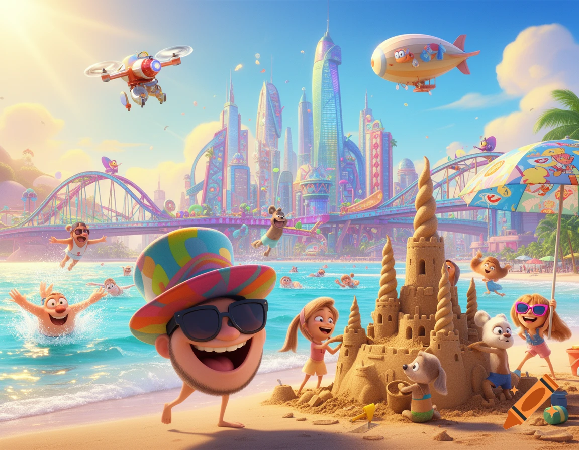 A vibrant cartoon beach scene with cheerful characters playing, a sandcastle, and a futuristic city in the background.