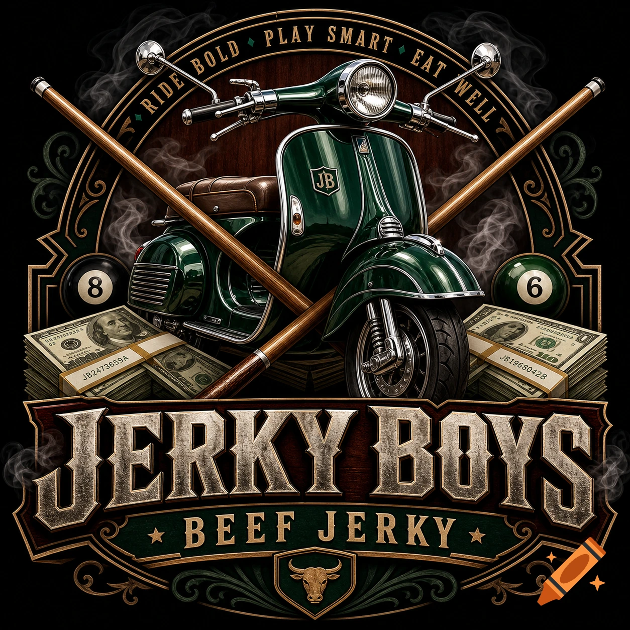 A stylized logo featuring a green scooter, crossed pool cues, stacks of money, and the text 'JERKY BOYS BEEF JERKY' on a dark, ornate background.