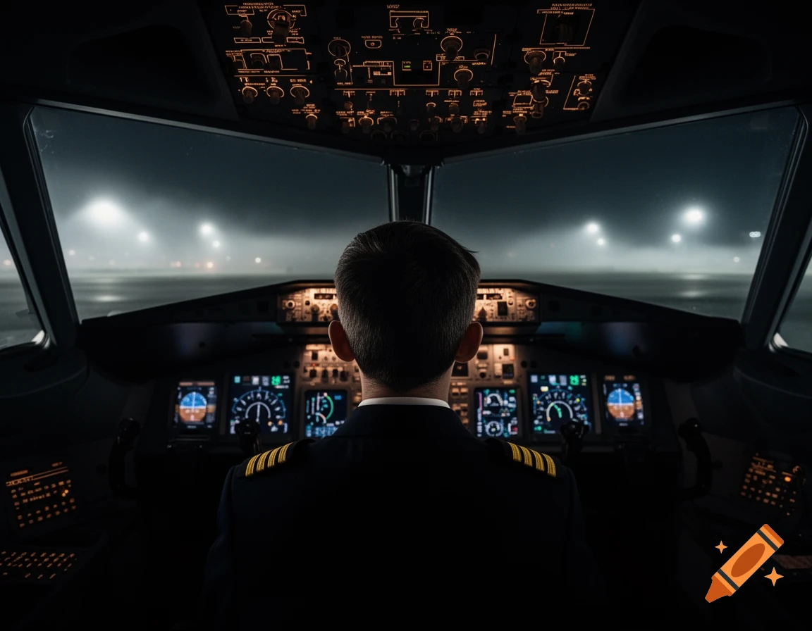 Rear view of a pilot in a uniform in a dimly lit airplane cockpit at night, with airport lights visible through the windshield.