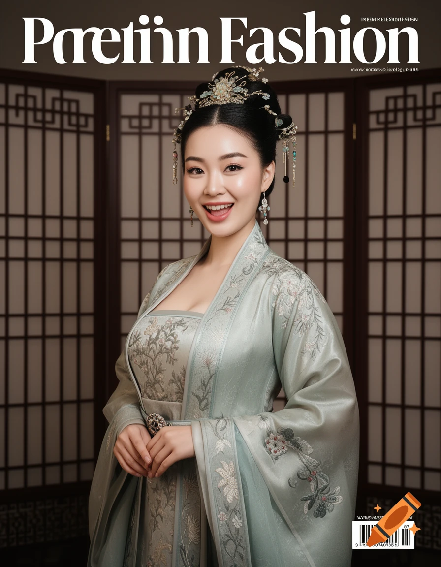 A smiling woman with an elaborate updo and intricate headpiece wears a pale green traditional Chinese dress, posed as a fashion magazine cover against a screen background.