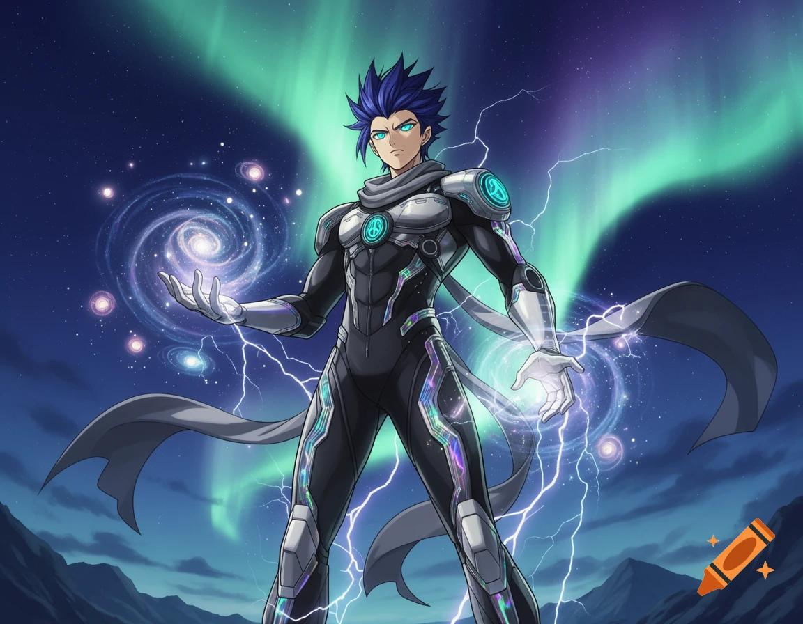 Anime male character with blue hair in a futuristic suit, summoning lightning and a galaxy against an aurora-lit cosmic background.
