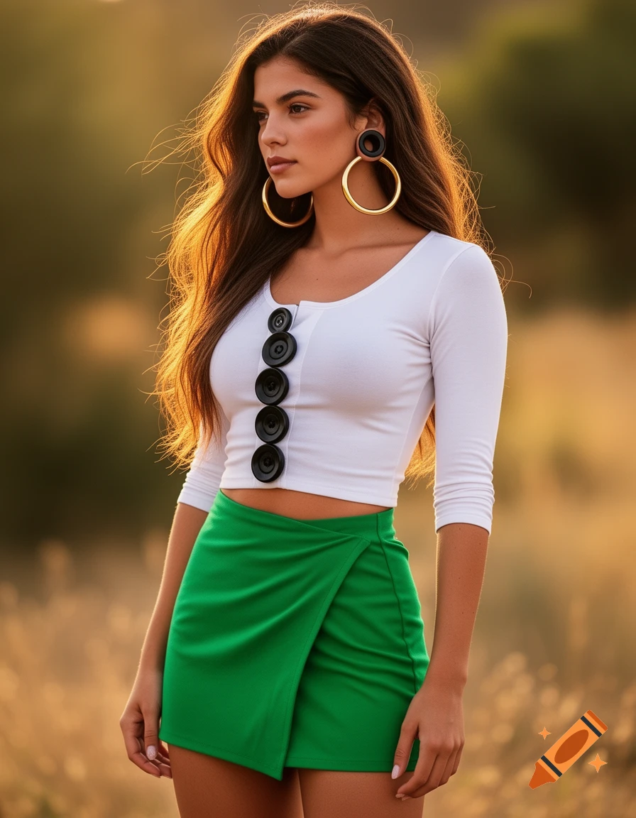 A young woman in a white crop top with large black buttons and a green wrap skirt stands outdoors at sunset, wearing large gold hoop earrings.