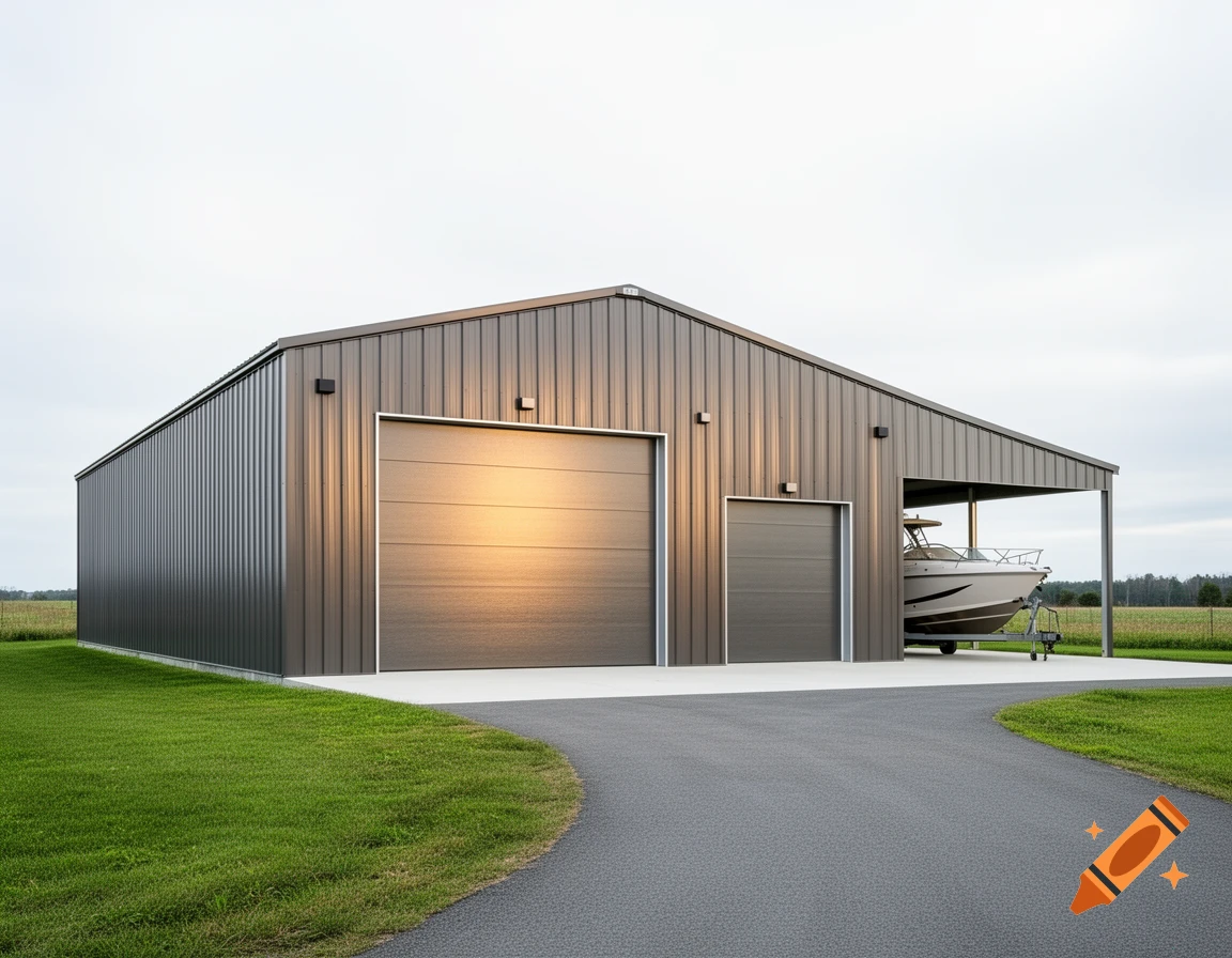 A large metal garage building with two roll-up doors and an open lean-to sheltering a boat, with a paved driveway and green grass.