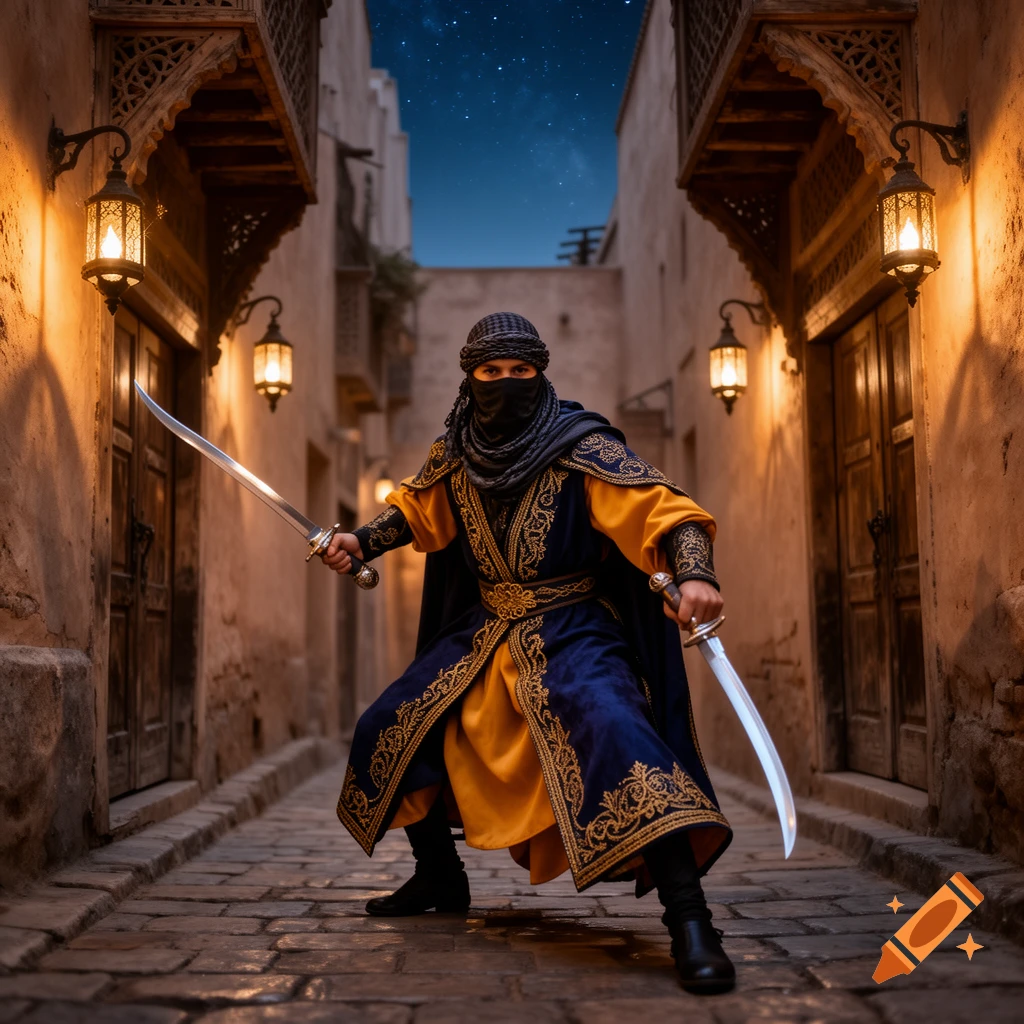 A masked medieval Arab assassin in a blue and gold tunic stands in a narrow, lantern-lit alley at night, dual-wielding two swords.