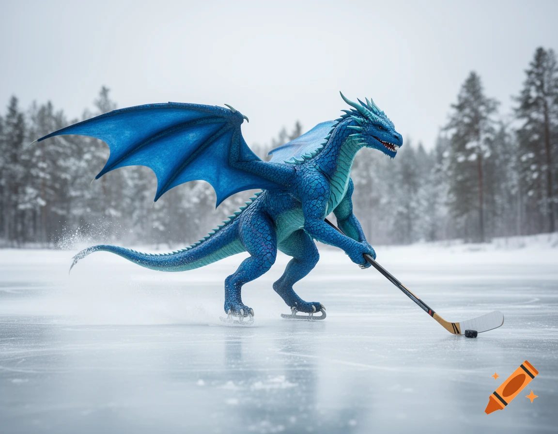 A photorealistic blue dragon playing ice hockey on a frozen lake with a snowy forest background.