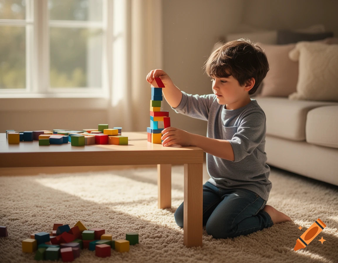 A young boy kneels on a rug, building a tower with colorful wooden blocks on a coffee table in a sunlit room.