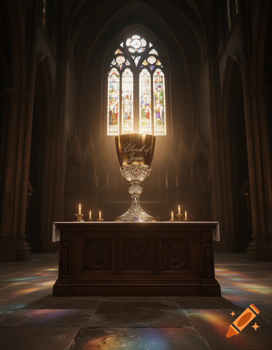 Golden chalice glowing on an ornate altar in a grand church, light from a stained-glass window illuminates the scene.