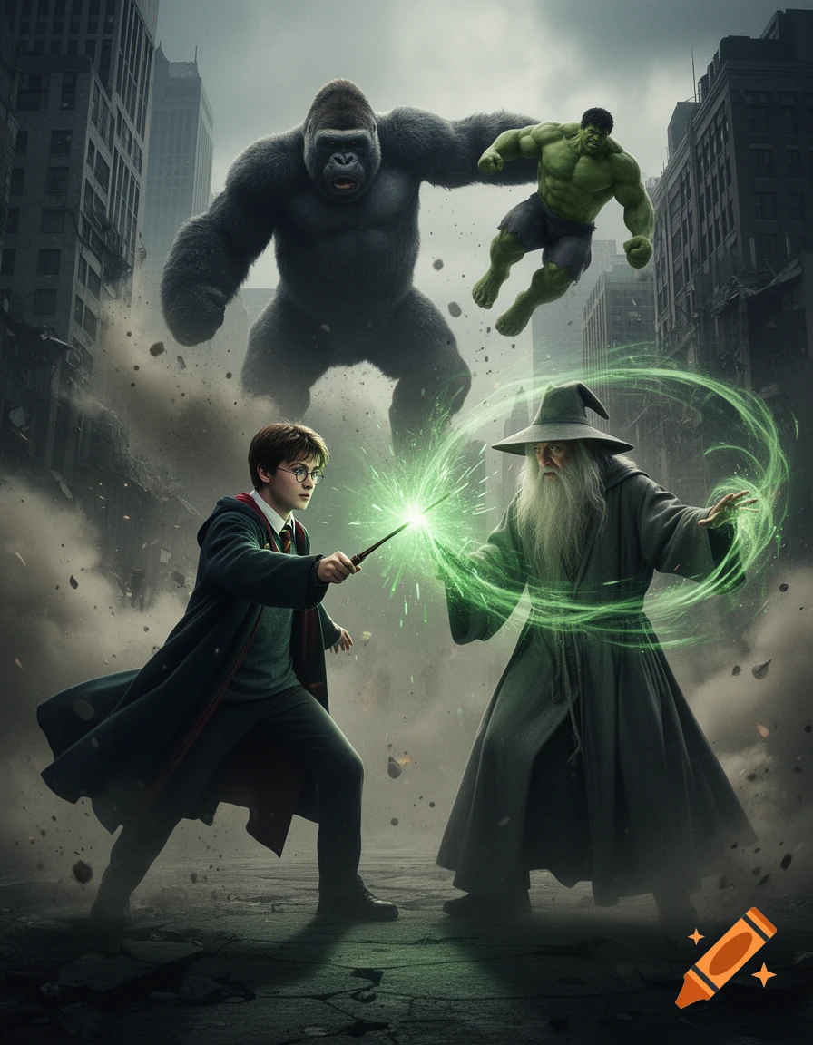 Harry Potter and Gandalf cast spells in a devastated city while King Kong throws Hulk in the background, in a photorealistic style.