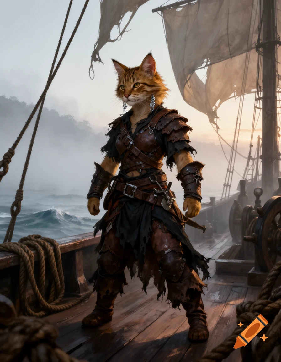 A fierce female Tabaxi pirate in rugged leather armor stands on a ship deck with tattered sails and a misty sea behind her.