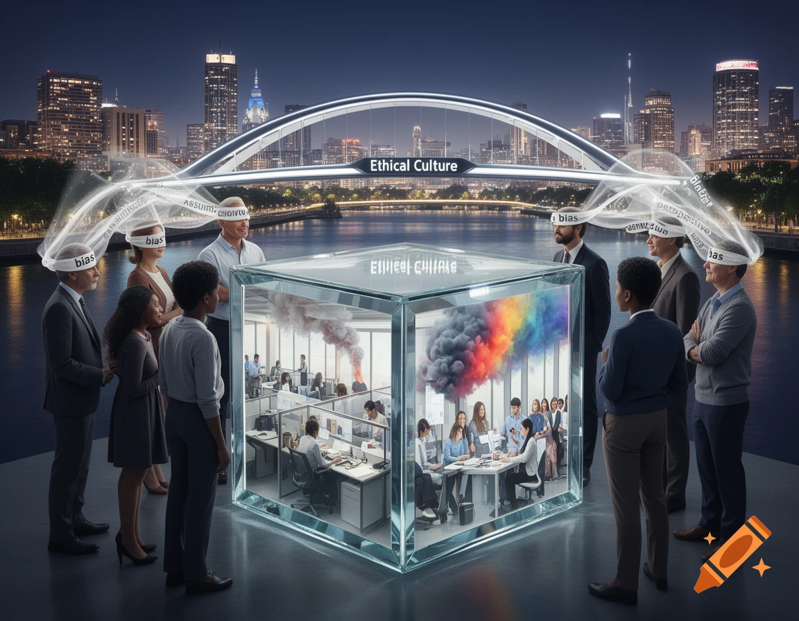 People observe a glass cube reflecting diverse office scenes and colorful smoke, with words like 'bias' on blindfolds. An 'Ethical Culture' bridge spans a city skyline in the background.