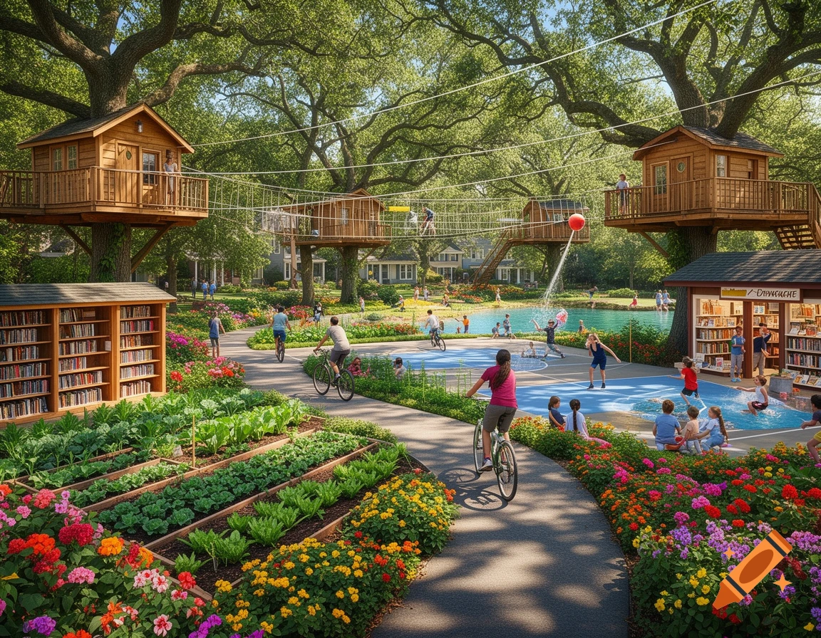 A vibrant, lush community park features wooden treehouses connected by rope bridges, an extensive community garden, and a library. People cycle on paved paths, play in a water feature, and relax by a lake under large green trees.