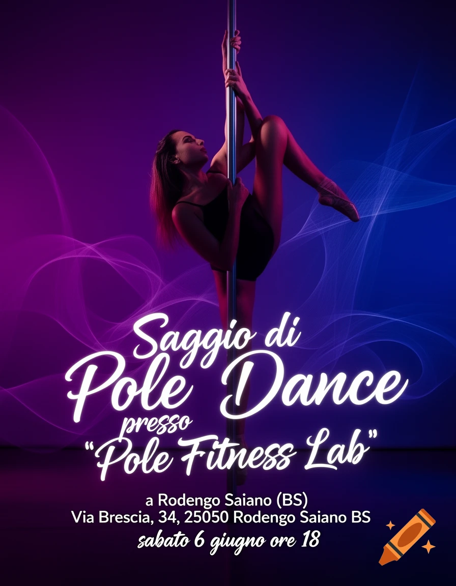 A woman performs pole dance on a purple and blue background, forming a poster for a pole fitness event.