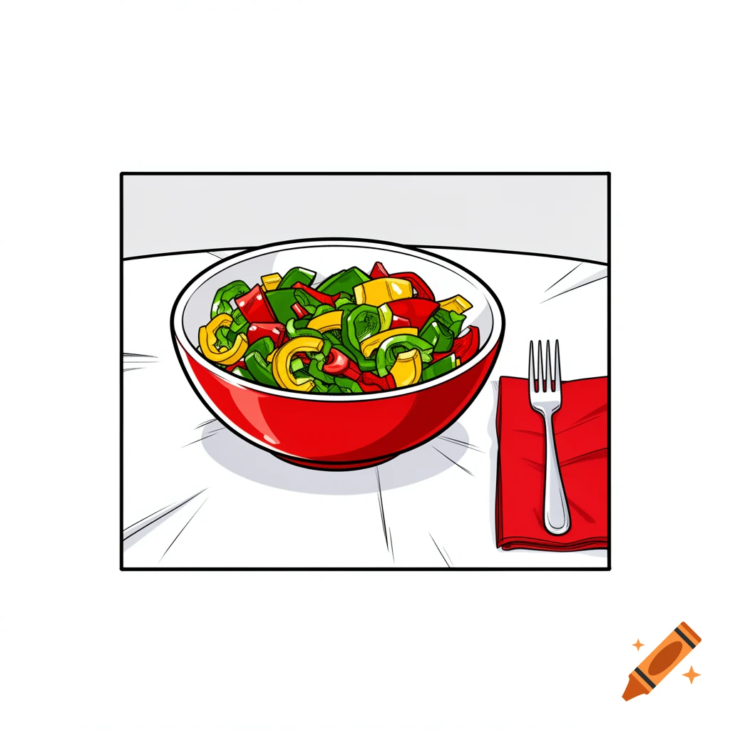 A comic illustration of a red bowl with chopped bell peppers, a fork, and a red napkin on a white table.