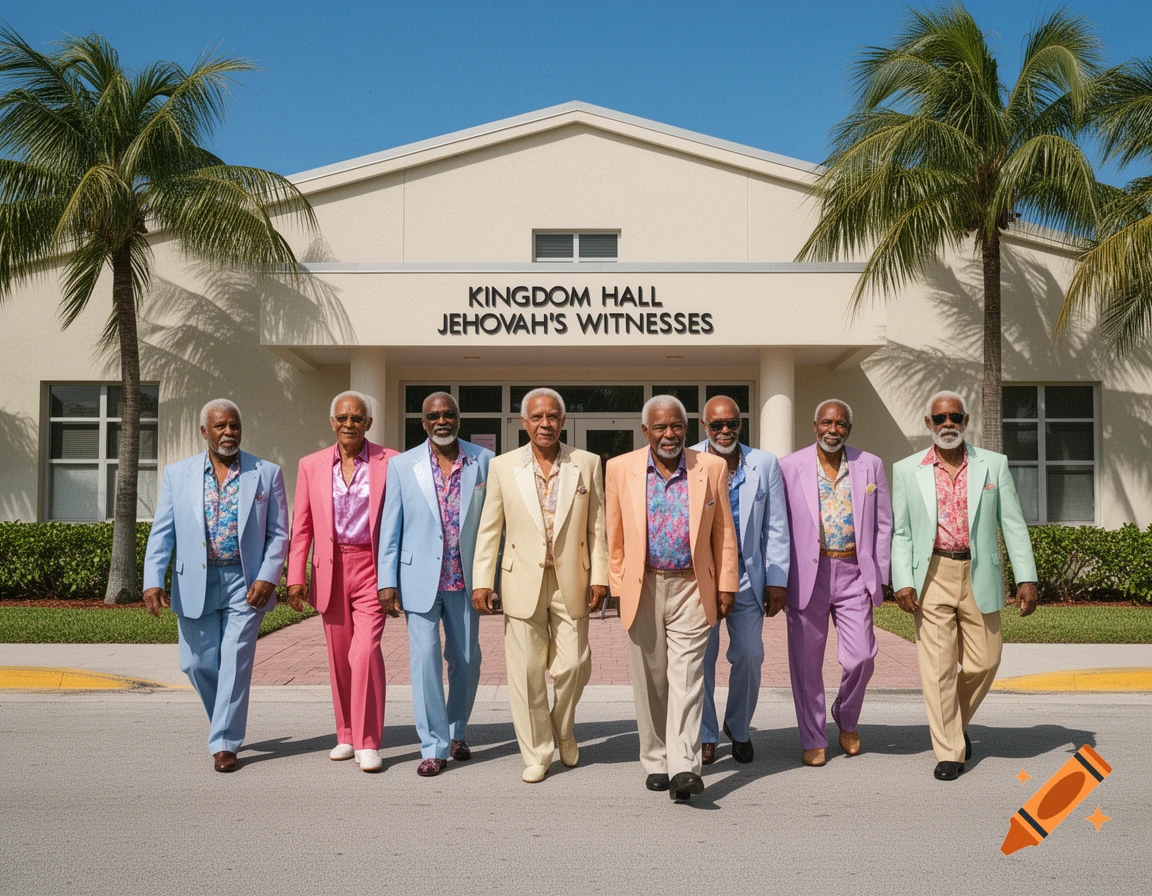Eight older Black men in colorful suits and patterned shirts walk in front of a 'Kingdom Hall Jehovah's Witnesses' building with palm trees.