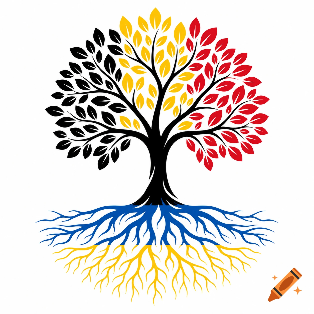 Vector graphic of a tree with black, yellow, red leaves and blue and yellow roots, resembling Belgian and Ukrainian flags.