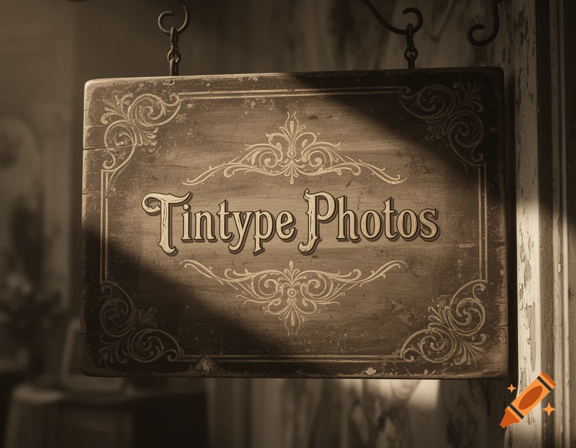 A sepia-toned vintage wooden sign with ornate carvings reads 'Tintype Photos', hanging on a textured wall.