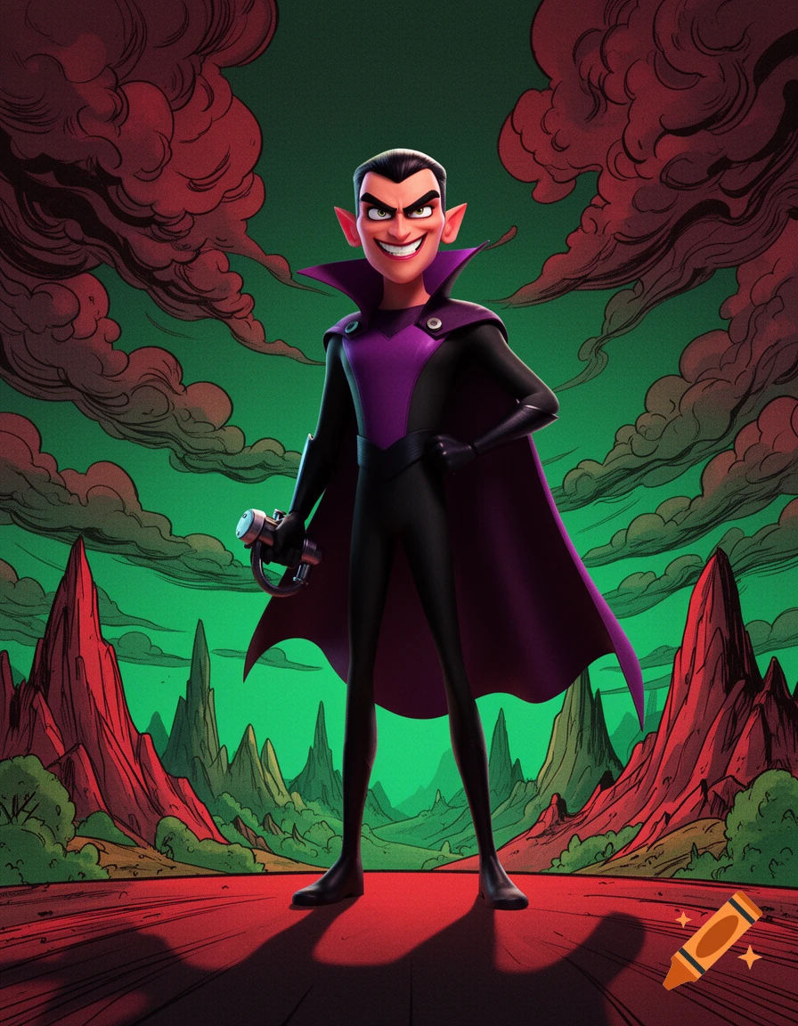 A 3D cartoon villain with a sinister smile, wearing a black suit and a purple cape, stands in a stylized red and green landscape.