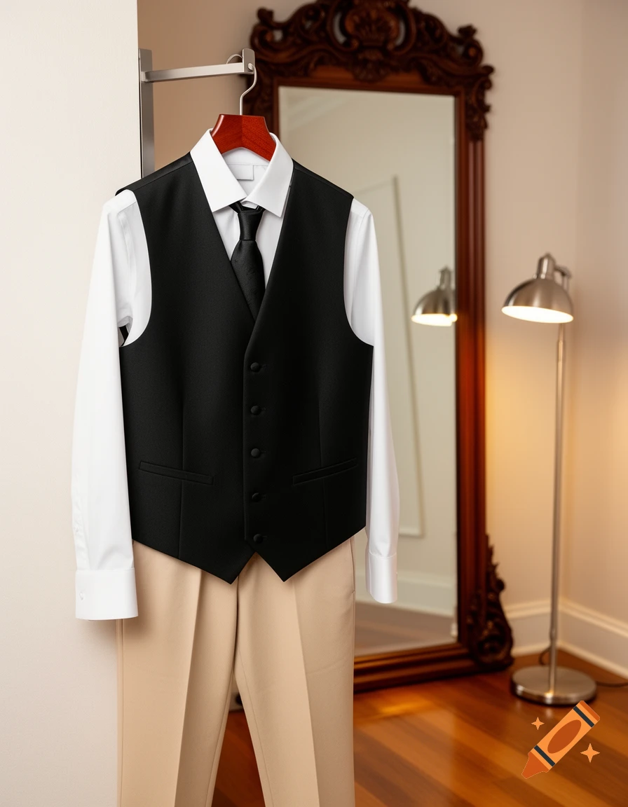 A formal wedding outfit with a white shirt, black vest, black tie, and beige chino pants hanging in a room.