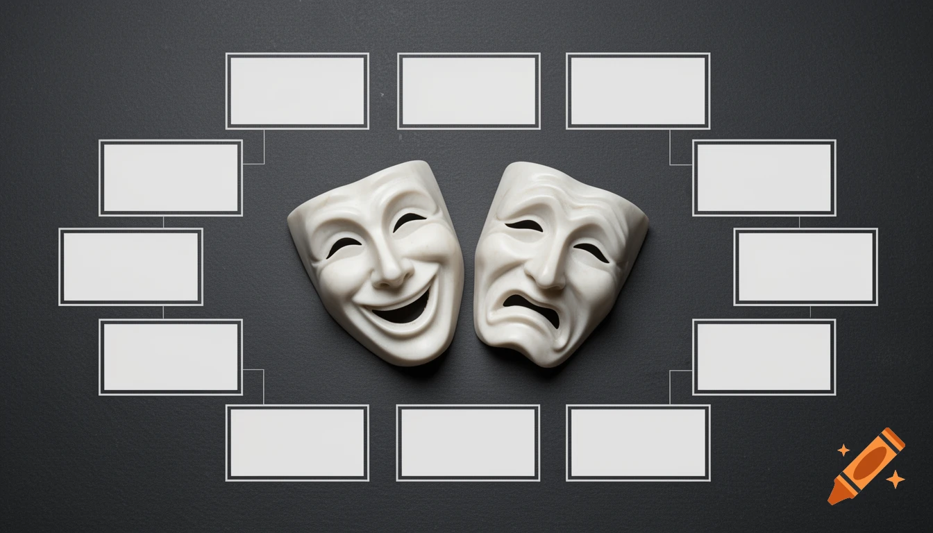 Two white comedy and tragedy theater masks on a dark gray background, surrounded by empty concept map frames.